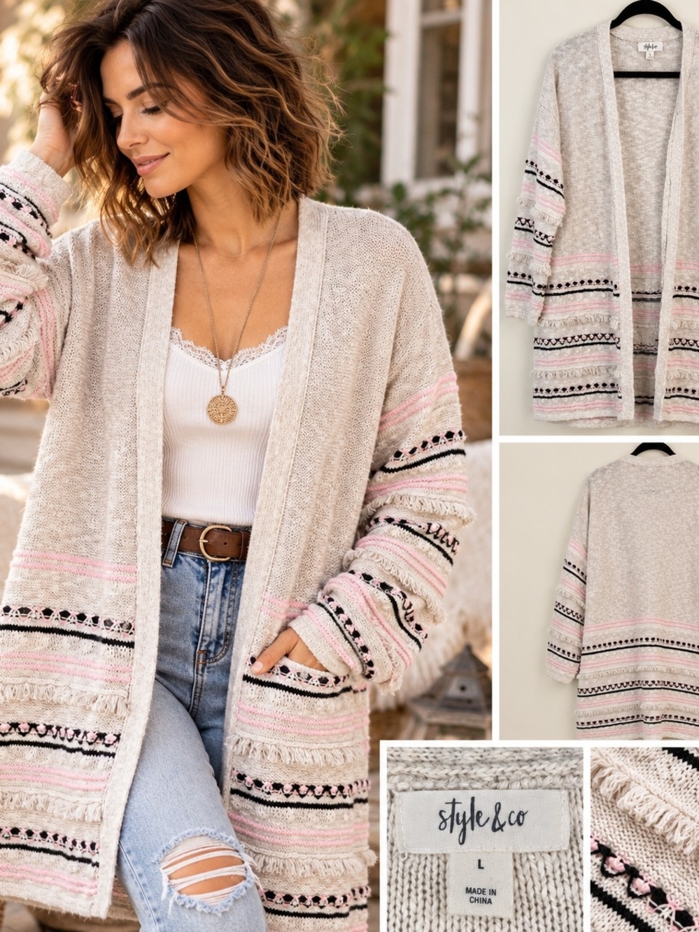 Boho Cardigan Large Fringe Open Knit Coastal Cottagecore Pink Cream